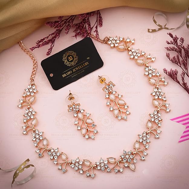 Rose Gold-Plated Artificial Stone Studded Necklace Jewellery Set With 1 Pair Of Earring