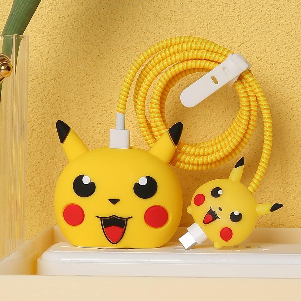 Pikachu Charger Case Cover with Full Cable Protector 3D Cute Pattern Compatible for iPhone Charger Only 18W & 20W iPhone 16,iPhone 13,iPhone 15,iPhone 14 (Yellow Cat)