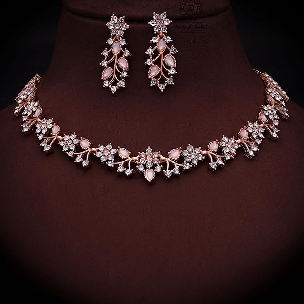 Rose Gold-Plated Artificial Stone Studded Necklace Jewellery Set With 1 Pair Of Earring