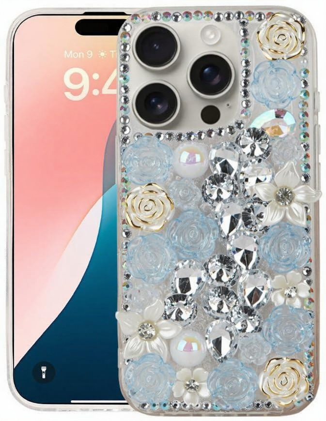 3D Compatible for iPhone 15 Pro Max, 3D Bling Diamond Crystal Shiny Sparkly Floral Gemstone Pearl Rhinestone Cute Pattern Clear Soft TPU Bumper Protective Luxury Rose Flower Case Cover