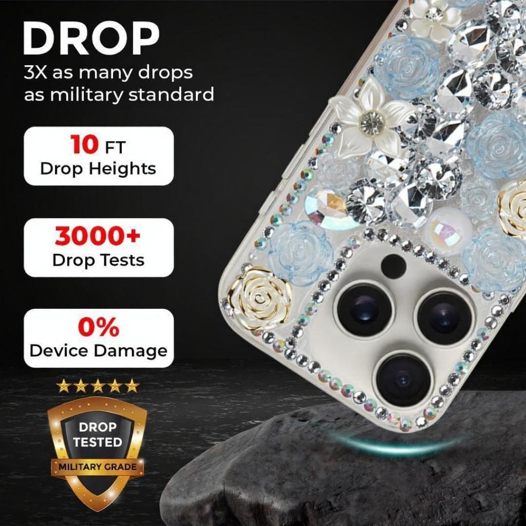 3D Compatible for iPhone 15 Pro Max, 3D Bling Diamond Crystal Shiny Sparkly Floral Gemstone Pearl Rhinestone Cute Pattern Clear Soft TPU Bumper Protective Luxury Rose Flower Case Cover