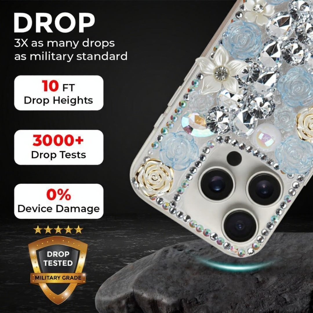 3D Compatible for iPhone 15 Pro Max, 3D Bling Diamond Crystal Shiny Sparkly Floral Gemstone Pearl Rhinestone Cute Pattern Clear Soft TPU Bumper Protective Luxury Rose Flower Case Cover