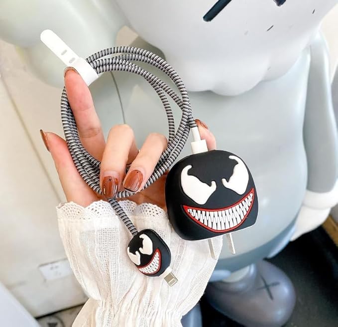 Venom Protective Case Cover 4in1 Compatible with Apple 20W/18W iPhone USB-C Power Adapter Charger Protection Case with Wire Saver, 3D Cartoon Character Case for 360 Degree Protection Cover(Venom)