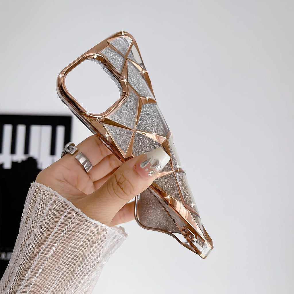 Zig Zag Compatible with iPhone 15 Gradient Glitter Case, Luxury Electroplated Geometric 3D Cube, Diamond Bling Shiny Soft TPU Clear Shockproof Women Girls Protective Phone Cover