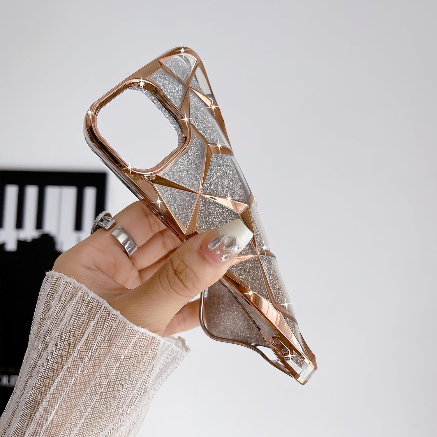 Zig Zag Compatible with iPhone 15 Gradient Glitter Case, Luxury Electroplated Geometric 3D Cube, Diamond Bling Shiny Soft TPU Clear Shockproof Women Girls Protective Phone Cover