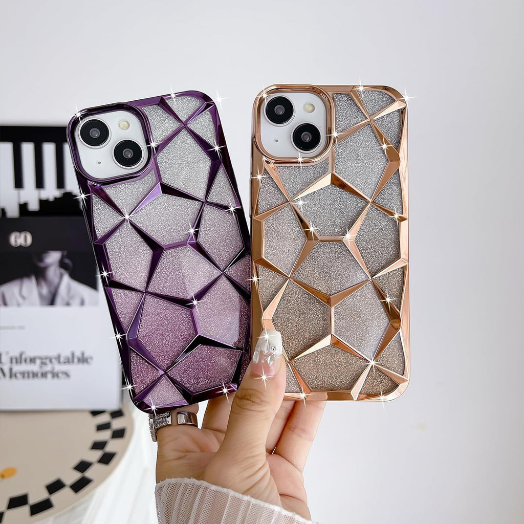 Zig Zag Compatible with iPhone 15 Gradient Glitter Case, Luxury Electroplated Geometric 3D Cube, Diamond Bling Shiny Soft TPU Clear Shockproof Women Girls Protective Phone Cover