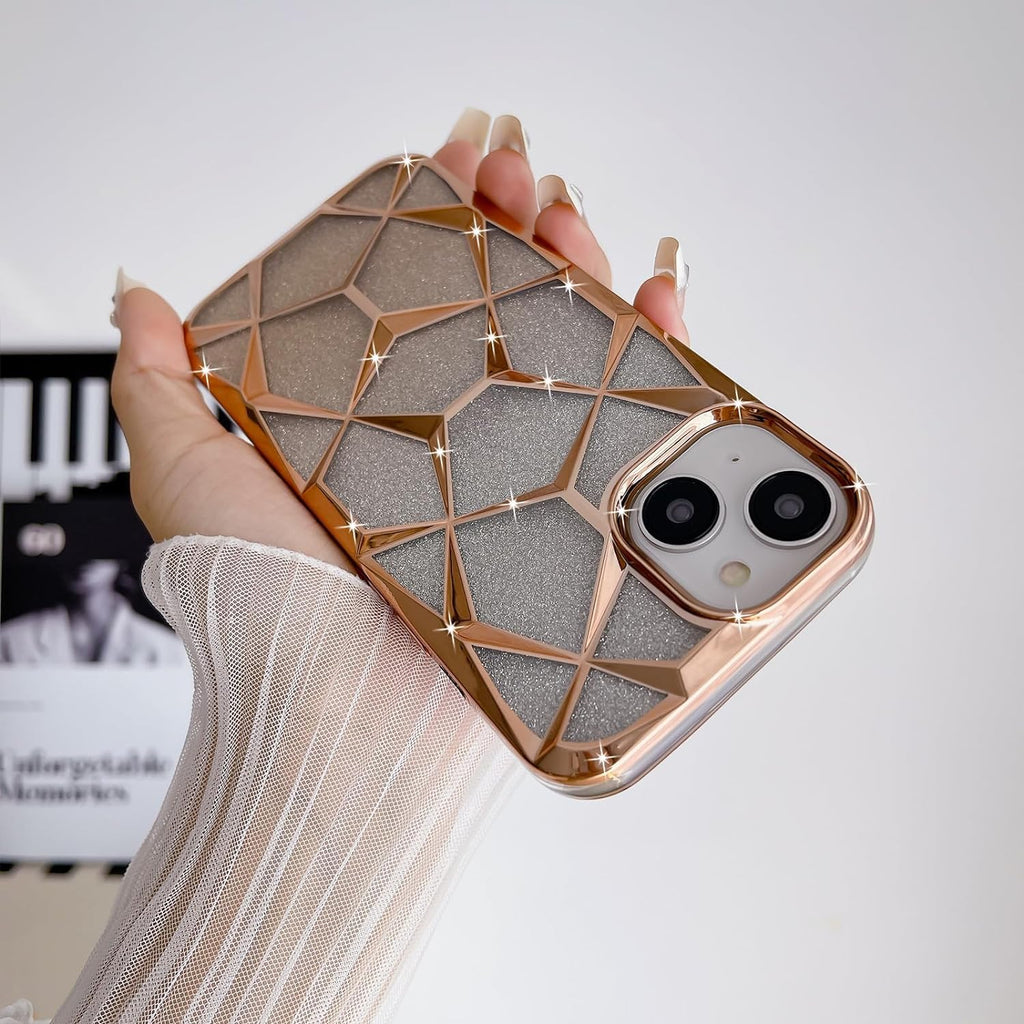 Zig Zag Compatible with iPhone 15 Gradient Glitter Case, Luxury Electroplated Geometric 3D Cube, Diamond Bling Shiny Soft TPU Clear Shockproof Women Girls Protective Phone Cover