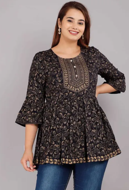 Women Printed Viscose Rayon Cape Top Kurta (Black)