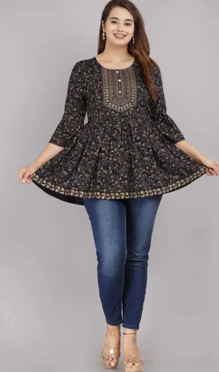 Women Printed Viscose Rayon Cape Top Kurta (Black)